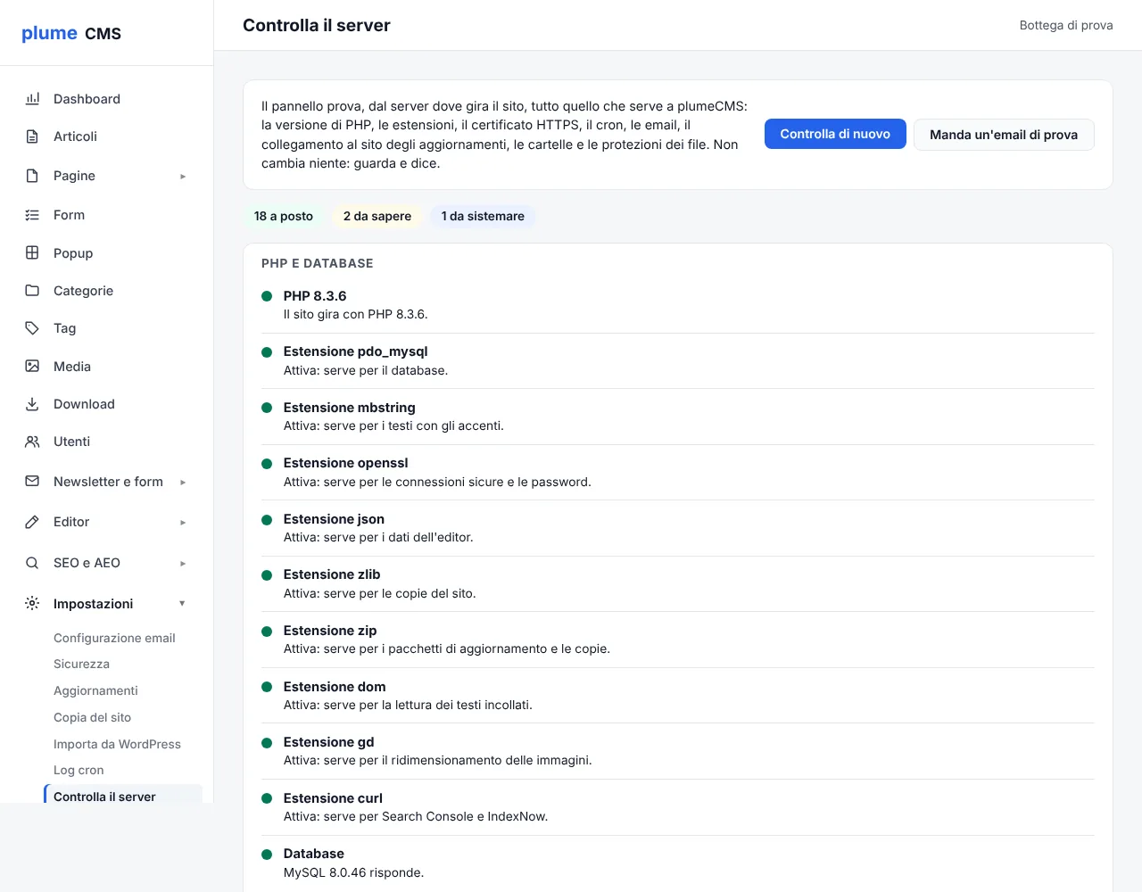 plumeCMS: Controlla il server: il tuo hosting va bene?