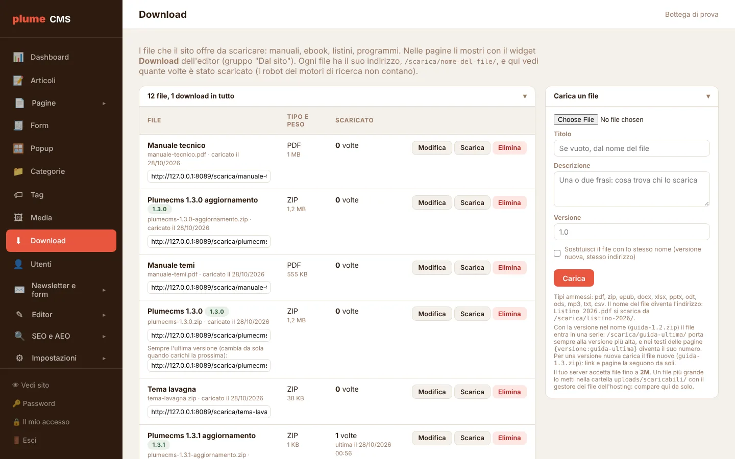 plumeCMS: Download manager: i tuoi file, a portata di clic