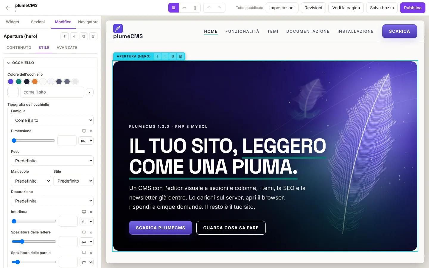 plumeCMS: L'editor visuale: sezioni, colonne, widget