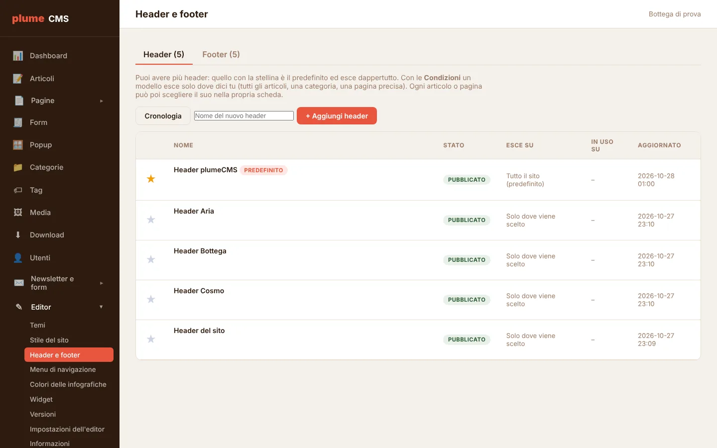 plumeCMS: Header, footer e menu fatti con l'editor