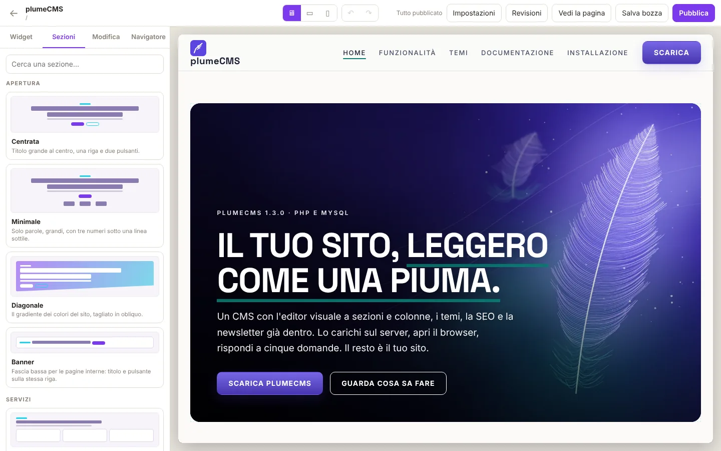 plumeCMS: Sezioni pronte: trenta modi di riempire una pagina