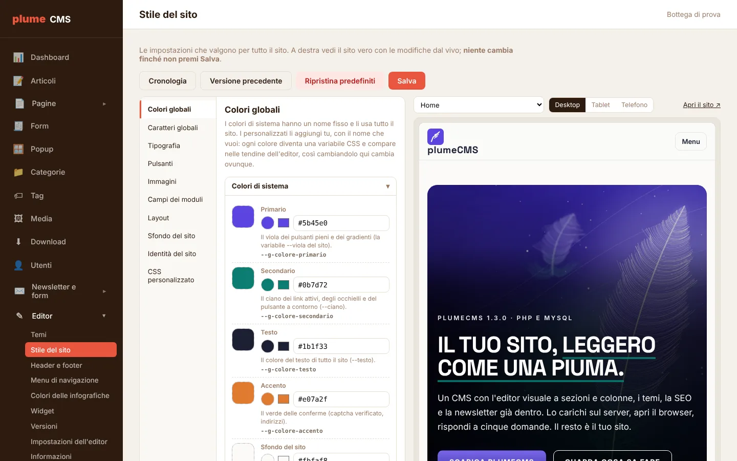plumeCMS: Stile del sito: colori e caratteri in un posto solo