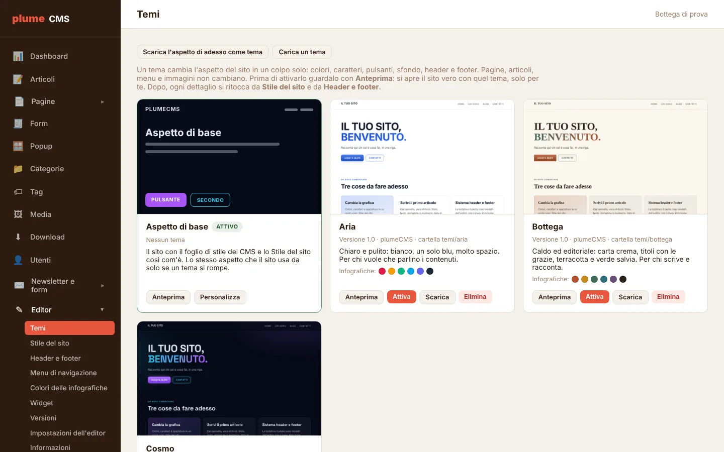 La pagina Temi del pannello di plumeCMS