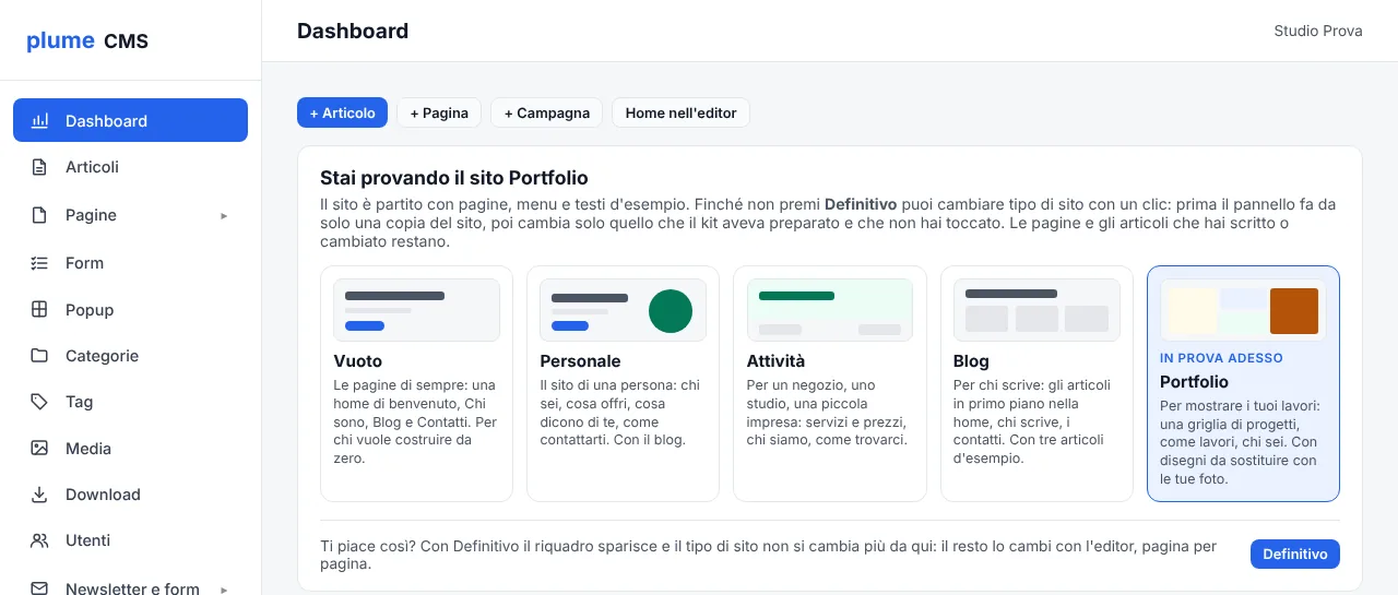 plumeCMS: Non sei sicuro del tipo di sito? Provali